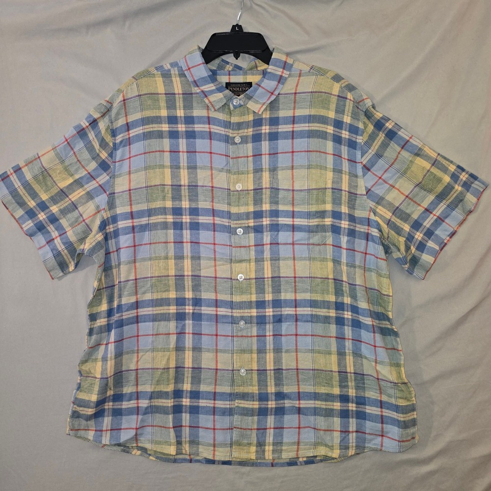 Pendleton Button Down XXL Mens Blue Yellow Plaid Linen Blend Short Sleeve Shirt